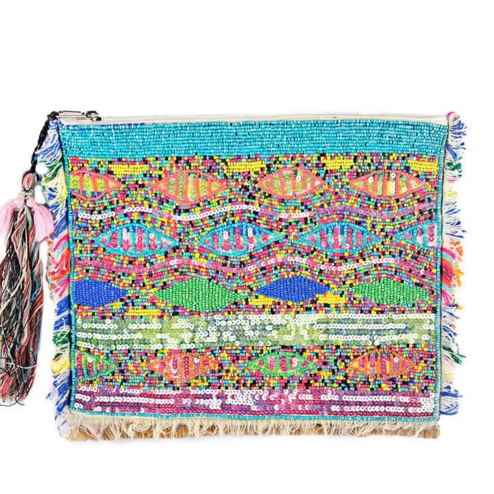 Tommy’s Jolly Peyote Bird Hand Beaded Sequin Colorful Fringe Clutch Bag